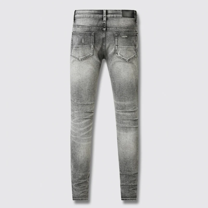 High Street Fashion Men Jeans Retro Gray Elastic Stretch Skinny Ripped Jeans Men Leather Patched Designer Hip Hop Brand Pants