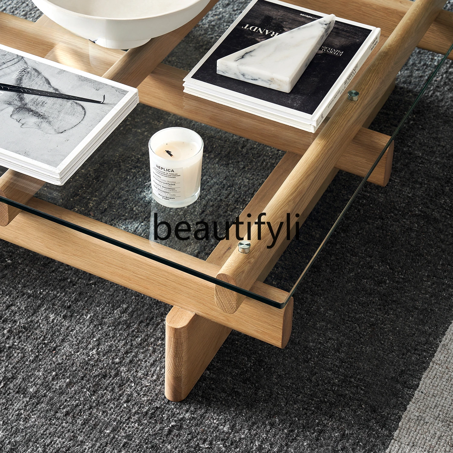 Журнальный столик Jingge североамериканский белый дуб стеклянный чайный из