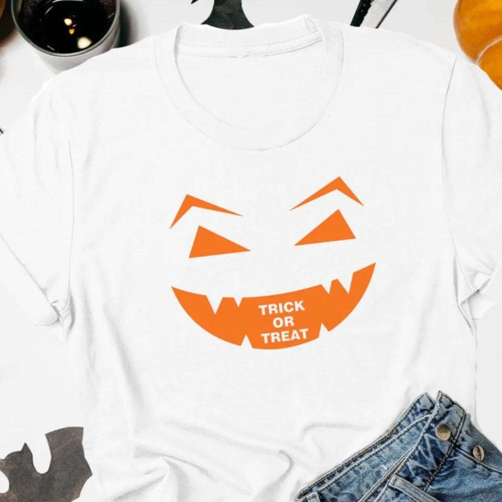 

Trick or Treat Scary Face Halloween Party Costume T-shirt For Women Premium Cotton Soft Tees Summer Fall Gifts