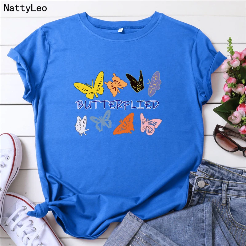 Женская футболка с принтом бабочки свободная из 2022 хлопка круглым вырезом и