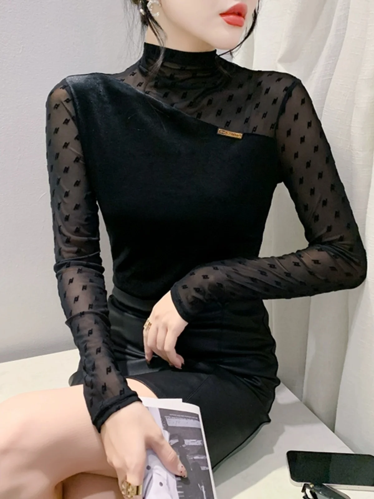 # 8992 Сетчатая велюровая футболка с длинным рукавом женская тонкая винтажная