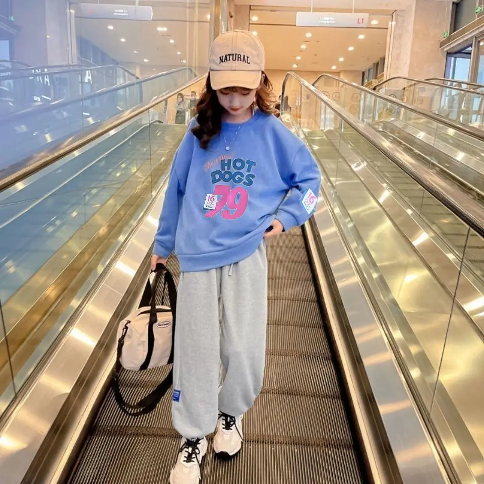 

Детский спортивный костюм для девочек, толстовка с длинным рукавом и брюки с широкими штанинами, комплект спортивной одежды для подростков, весна-осень 2023