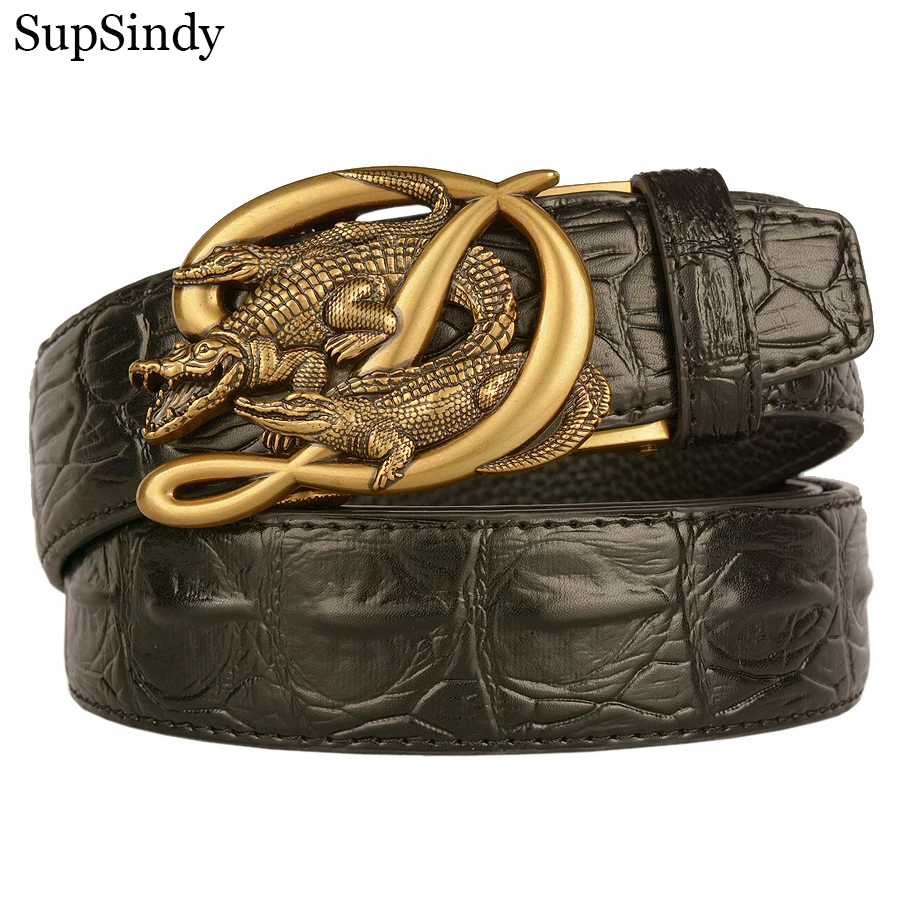 SupSindy Men Genuine Leather Belt Luxury Gold Crocodile Metal Automatic Buckle Cowhide Belts for Men Jeans Waistband Male Strap
