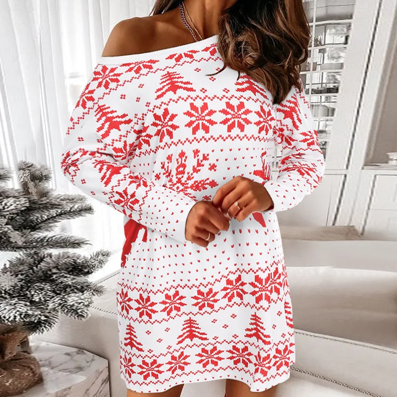 

Christmas Dress for Women Autumn Winter New Years Clothing Women's Dress Fashion Long Sleeve Print Vestido De Festa Mulher Luxo