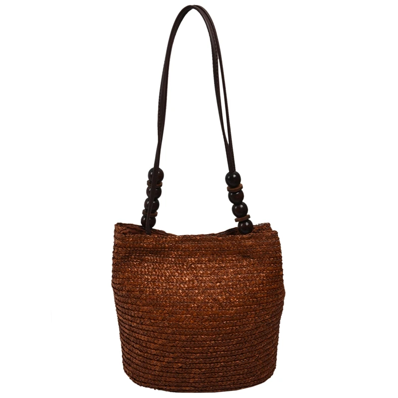 

Knitted Straw Bag Summer Bohemia Fashion Women Handbags Stripes Shoulder Bags Beach Bag Big Tote Bags(Brown)