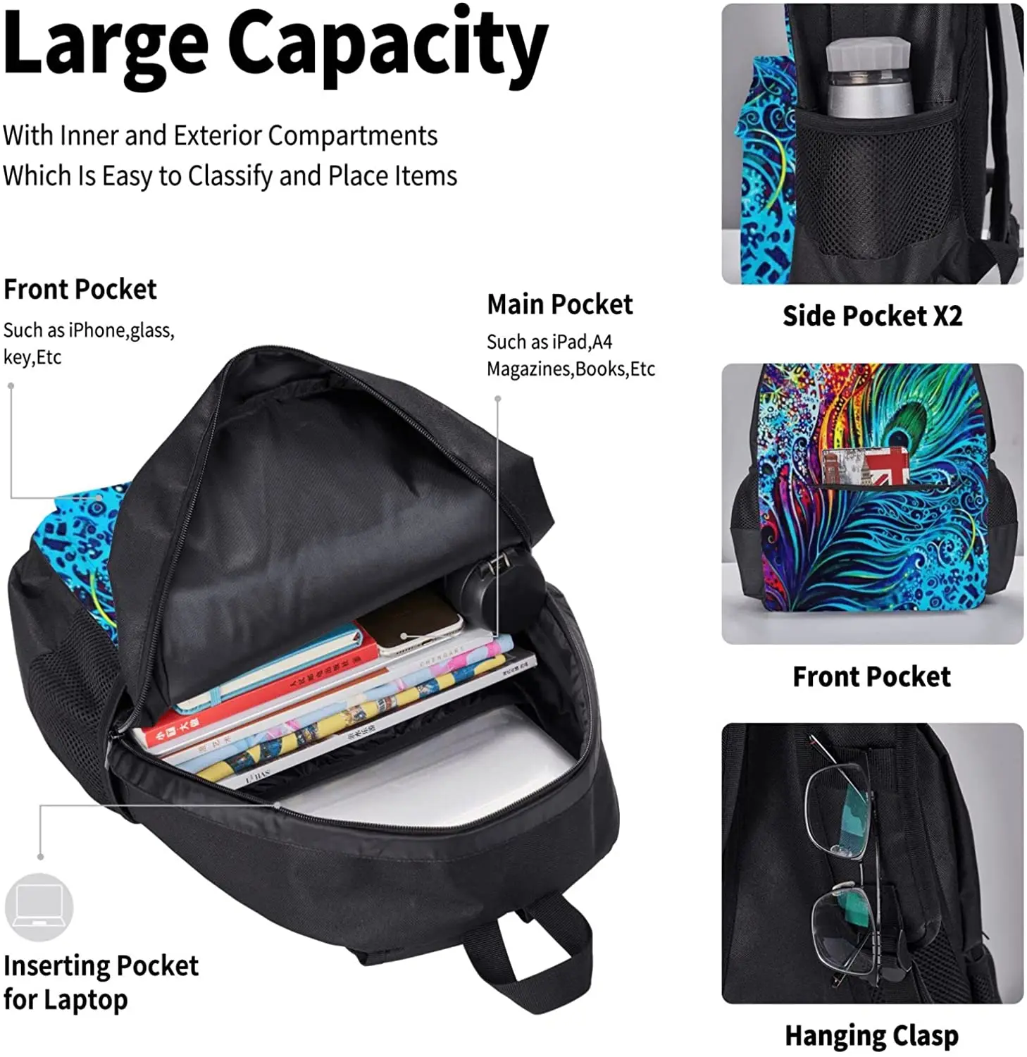 Peacock Feather Schoolbag Travel Bag Casual Daypack Lunch Bag Pencil Case for Boys Teens Girls 3pcs Sets