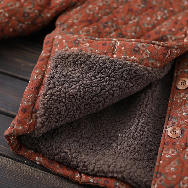 Winter Women Coat Thick Retro Floral Cotton-padded Warm Wool Long Sleeve Vintage Women Coat YoYiKamomo