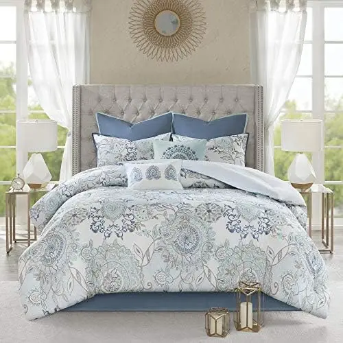 

Park Reversible Cotton Comforter Season Set, Matching Bed Skirt, Decorative Pillows, King(104"x92"), Isla, Floral Medall