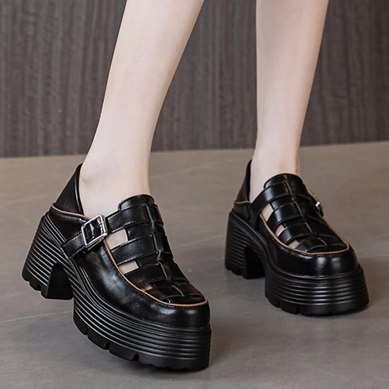 2023 New Genuine Leather Female Elevator Shoes Sandals Hollow Buckle Summer Fashion Platform Wedge Chunky Comfy Women Shoes
