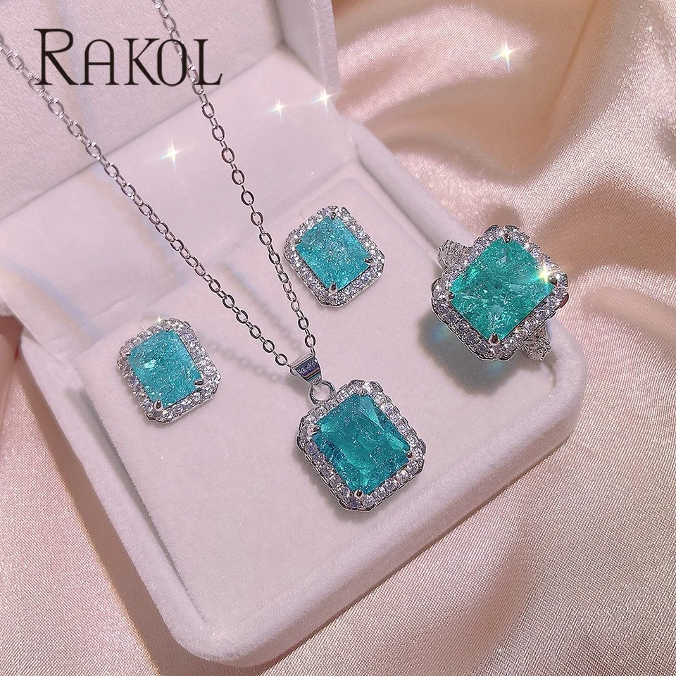 

RAKOL 2022 New Paraiba Tourmaline Gemstone Pendant Necklace Earrings Rings Luxury Wedding Fine Jewelry Sets for Women RS051