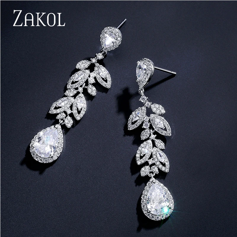 

ZAKOL Brand Luxury Micro-inlaid Leaf Dangle Earrings for Women Fashion Marquise Cubic Zirconia Bridal Wedding Jewelry EP5094