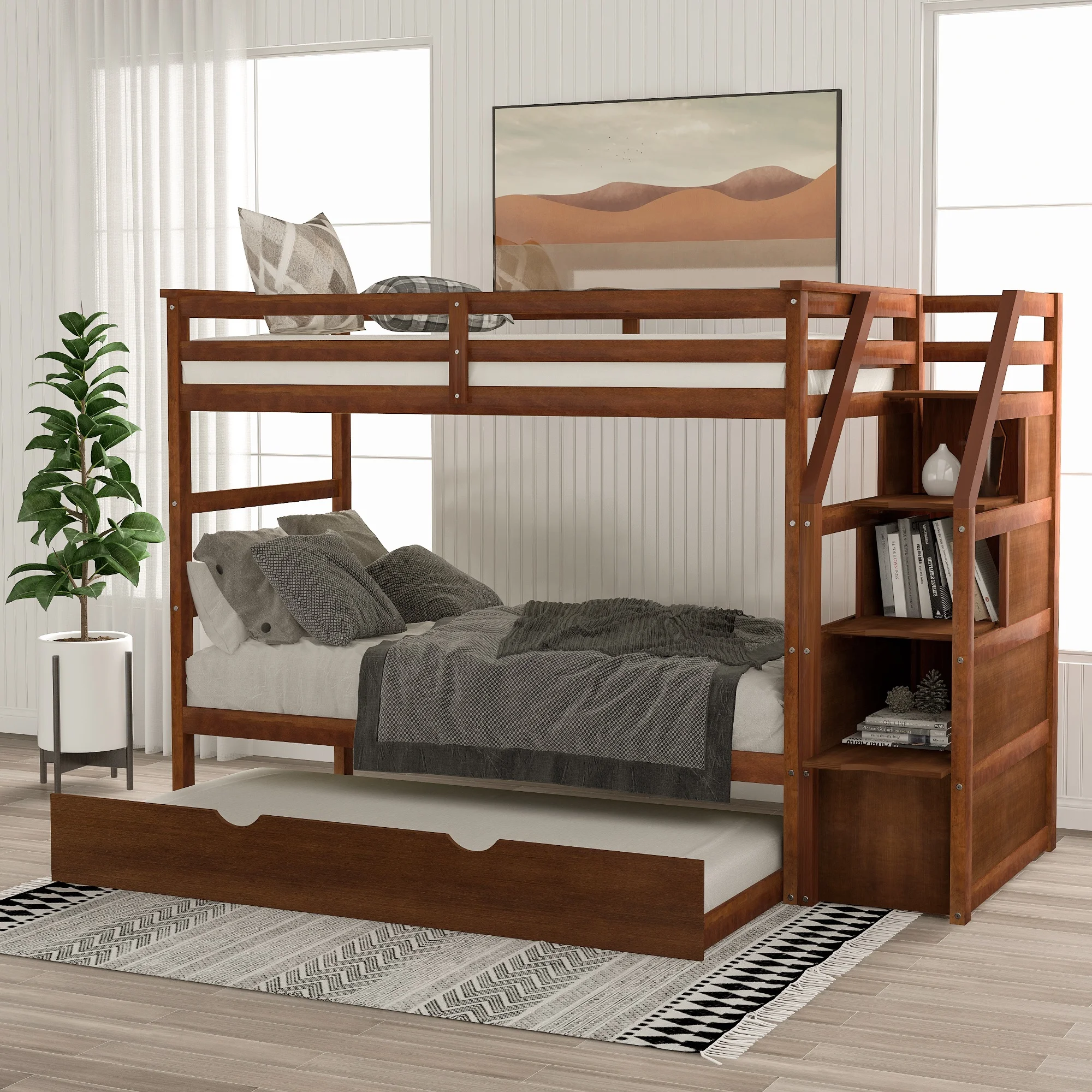 

Home Modern Minimalist Wooden Bedroom Furniture Bed Frame Base Twin Over Twin Bunk Bed Twin Size Trundle 3 Storage Stairs Walnut