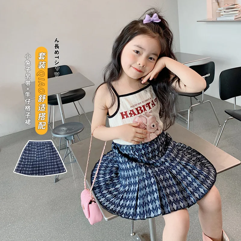 

2022 Spring and Autumn New Girl Rabbit Sling & Denim Plaid Skirt