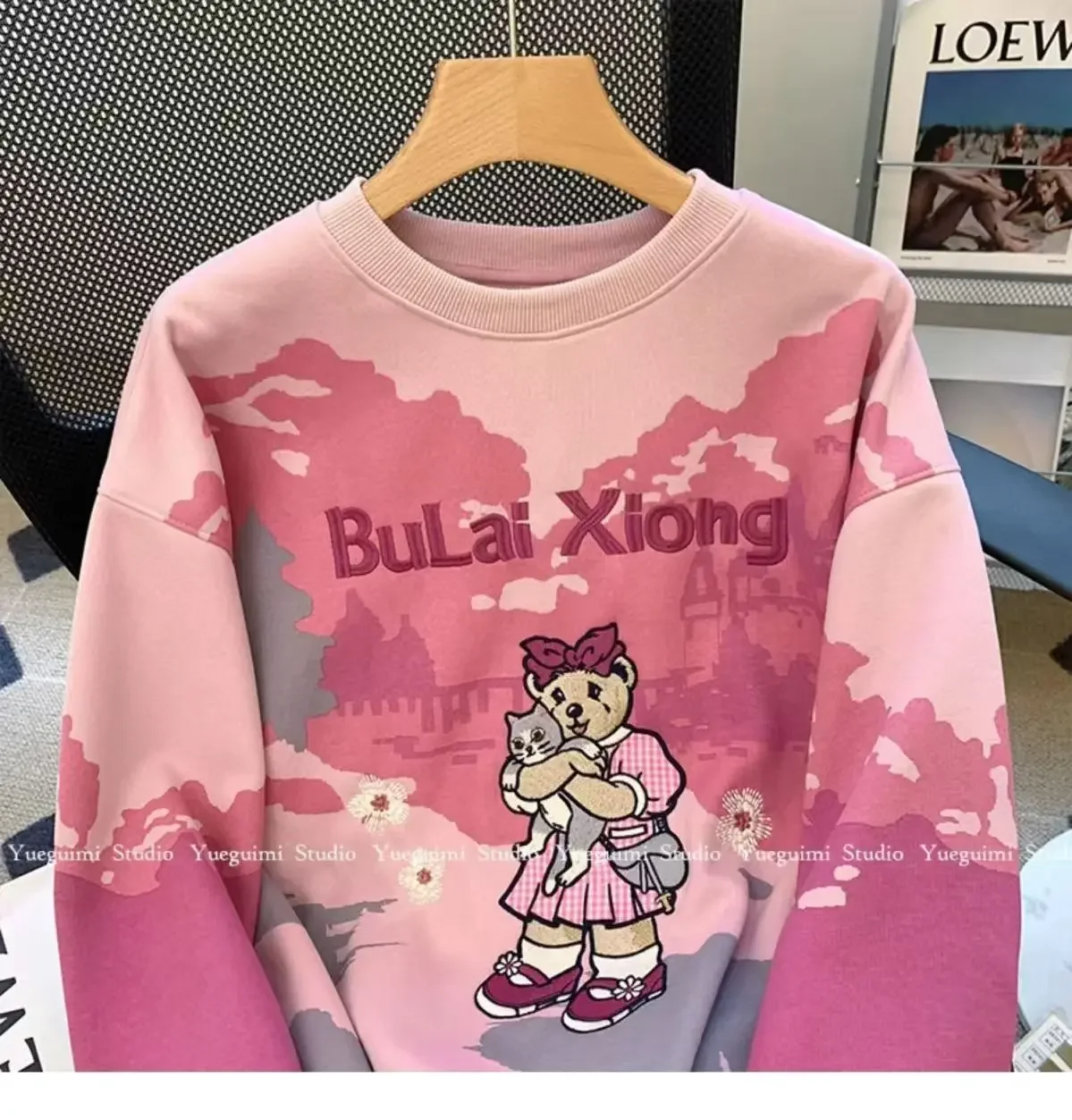 Розовые толстовки с принтом кота и медведя женские круглым вырезом длинными