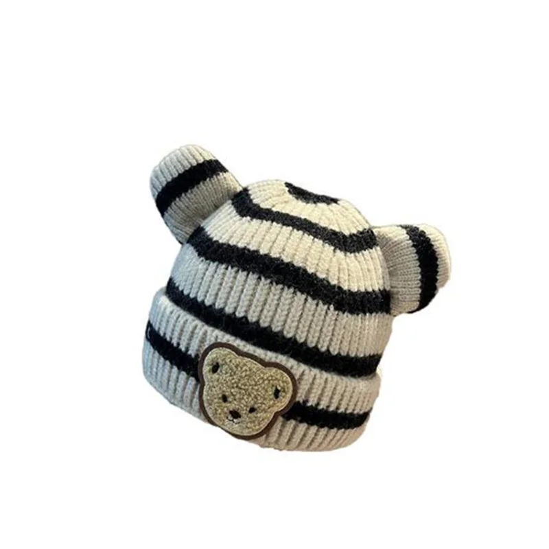 

Children's knit hat Baby striped bear head rolled warm melon peel wool hat A67