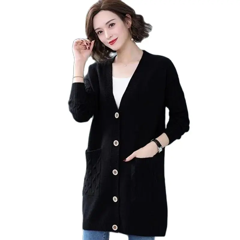 

2023 Spring and Autumn New Mid-long Korean Cardigan V-neck Knitted Sweater Women's Solid Color Bottoming Coat Outside The Tide