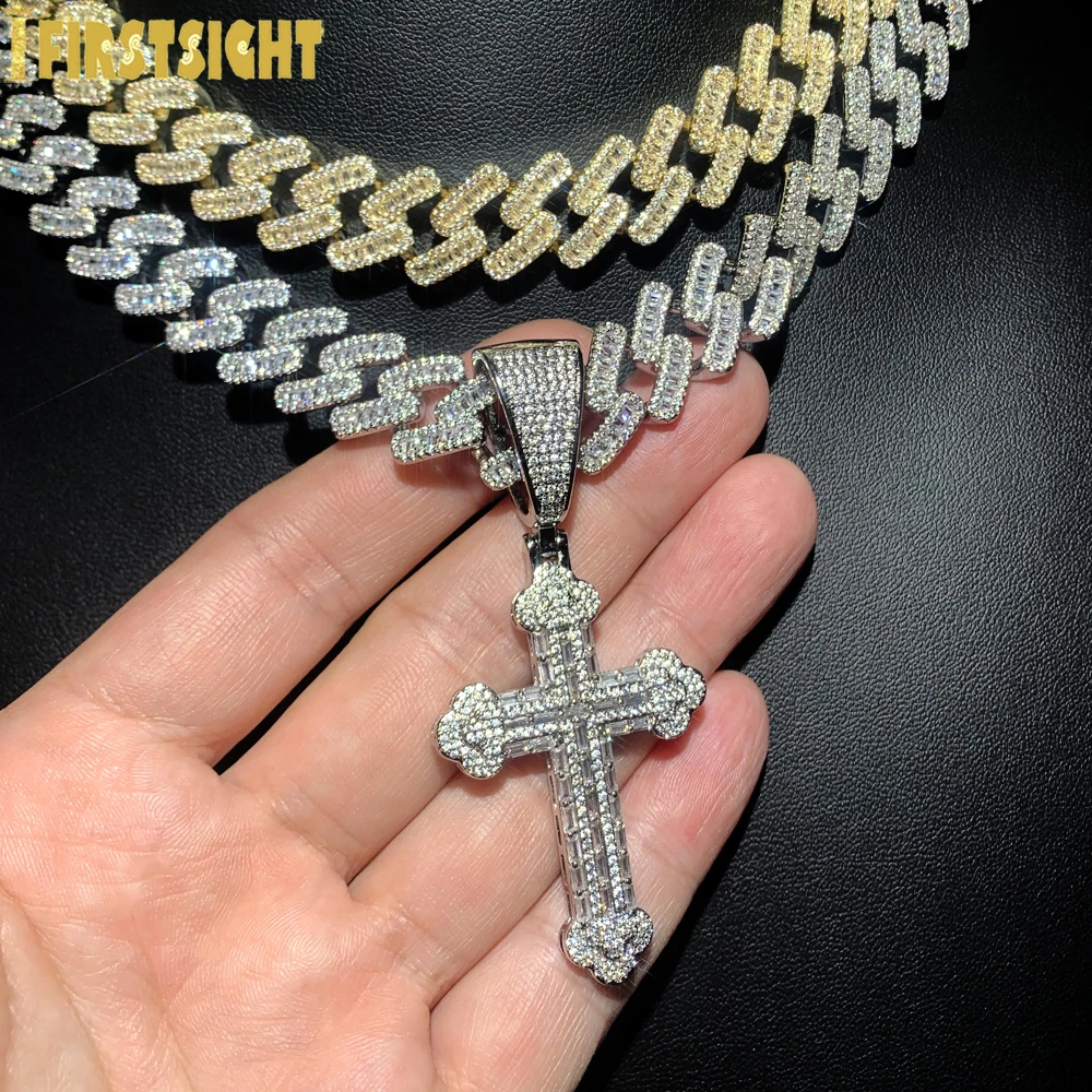 Фото Ожерелье Iced Out Cross для мужчин и женщин, блестящий серебряный цвет, подвеска с кубическим цирконием, 15 мм, кубинская цепочка, ювелирные изделия в стиле хип-хоп №4