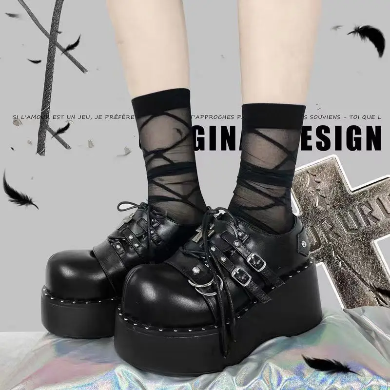 

Mary Jane Shoes Sweet Cute Women Pumps Wedge Heels Platform Shoes Women Gothic Girls Lolita Punk Shoes High Heels Rivets Buckle