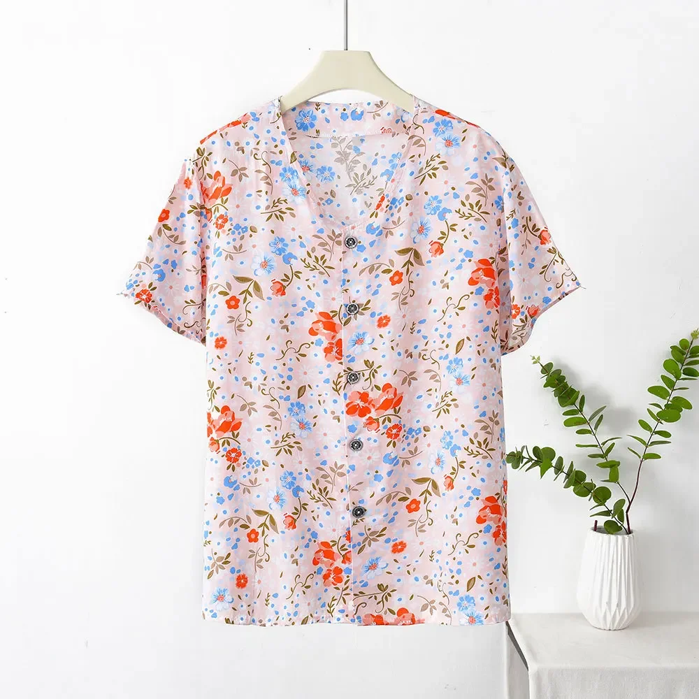 Middle-Aged And Elderly Women's Cotton Silk Shirt Loose Fit Summer Thin Style Casual Short Sleeves Cardigan Plus Size Artifi