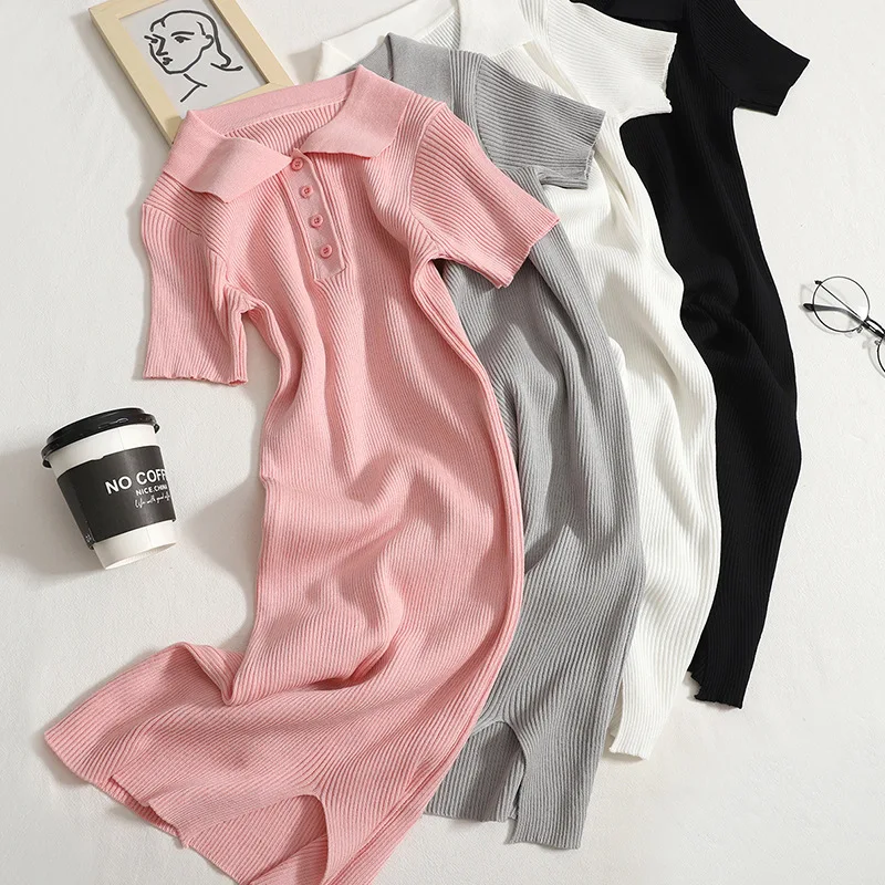 

Preppy Style Solid Color Ice Silk Knit Dress Female Slim Short Sleeves Vintage Polo Lapel Split Hip Dresses for Women Simmer