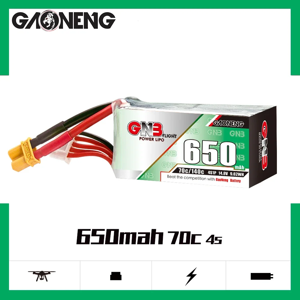 

Gaoneng GNB 4S 650mAh 14.8V 70C/140C Lipo Battery XT30 XT60 Plug For FPV Racing Drone RC Quadcopter Helicopter Parts