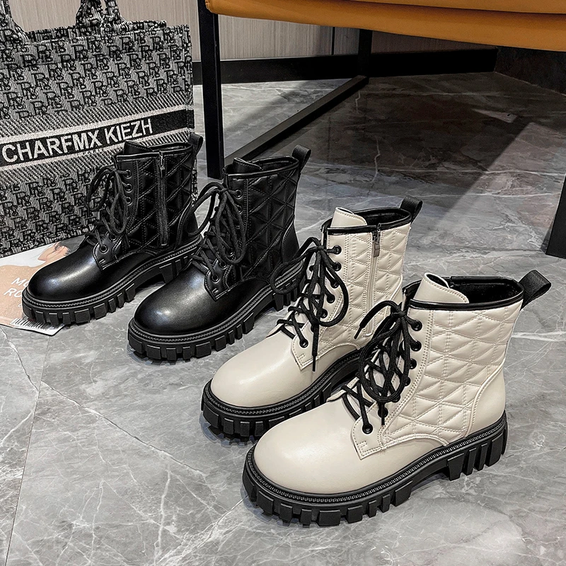 

Женские короткие ботинки, Новинка весна-осень 2022, модные Нескользящие ботинки на толстой нескользящей подошве, со шнуровкой и боковой молни...