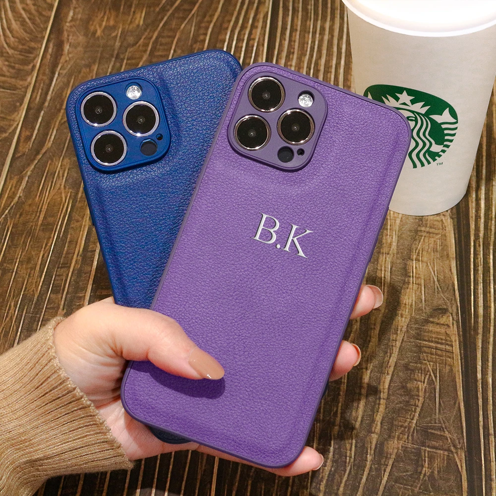 

New Color Personalized Case For iPhone 14 13 12 11 Pro Max Customized Name initials Silver Letters Leather Cover 13 14 Pro Max