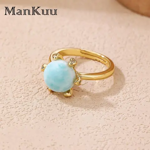 Mankuu модные ювелирные изделия Позолоченные коготь 10 мм круглый натуральный Ларимар камни Регулируемые кольца с цирконием для женщин Подарки