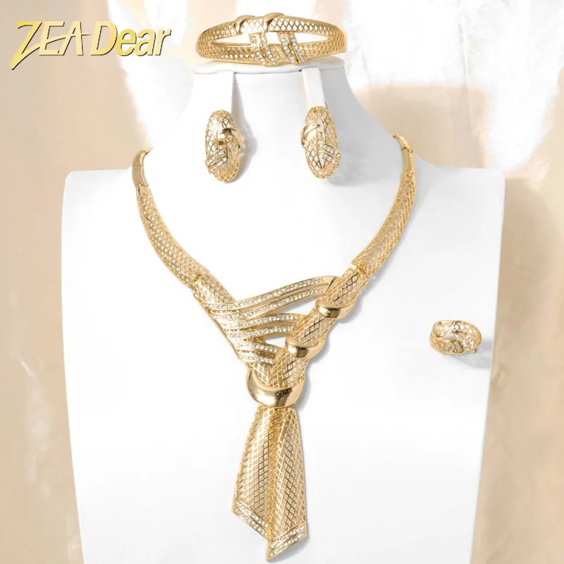 

ZEADear Luxury European Brazilian Gold Color Bracelet Earring Cubic Zirconia Necklace Arab African Gold Tone Bridal Jewelry Set