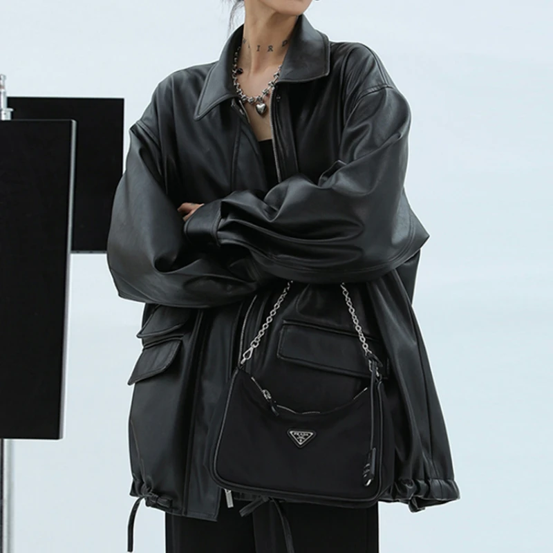 Spring Autumn Oversized Casual Waterproof Black Soft Pu Leather Jacket Women with Drop Shoulder Long Sleeve Fashion 2023