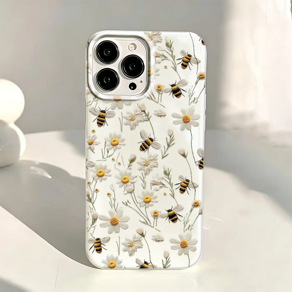 Фото Чехол с ромашками и пчелами для iPhone 17, 16, 15, 14, 13, 12, 11 Pro Max, ударопрочный мягкий чехол для телефона 13 Pro Max, 15, 16, 17 Air №1