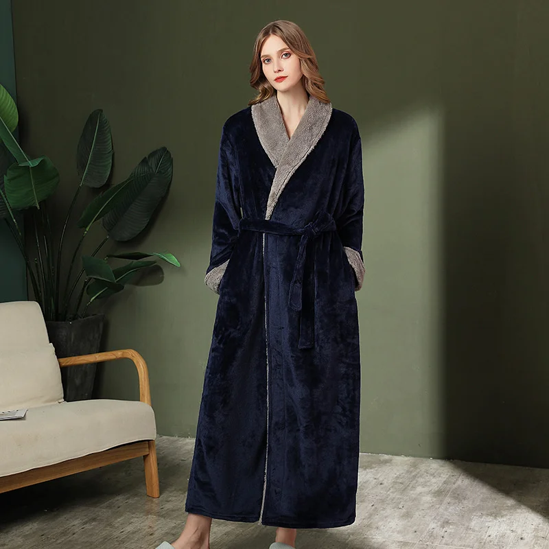 Autumn winter ins simple extended pocket flannel Nightgown women's thickened large coral velvet bathrobe men's