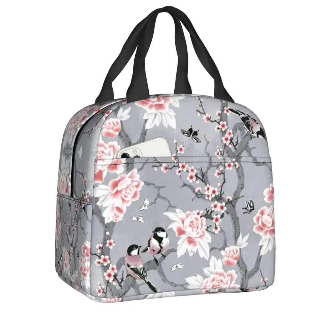 

Birds In Grey Floral Insulated Lunch Bag Women Peony Sakura Flower Cherry Blossom Lunch Tote for Outdoor Camping Travel Food Box