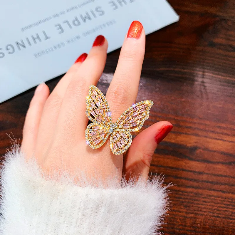 

Luxury Dazzling Women's Butterfly Open Ring Jewelry Opening Premium Copper Inlaid Zircon Butterfly Cocktail Party Hand Accessori