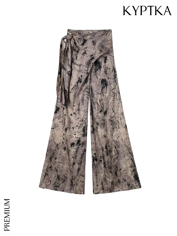 

KYPTKA Women Fashion Printed Straight Wrap Pants Vintage High Waist With Adjustable Ties Female Trousers Mujer