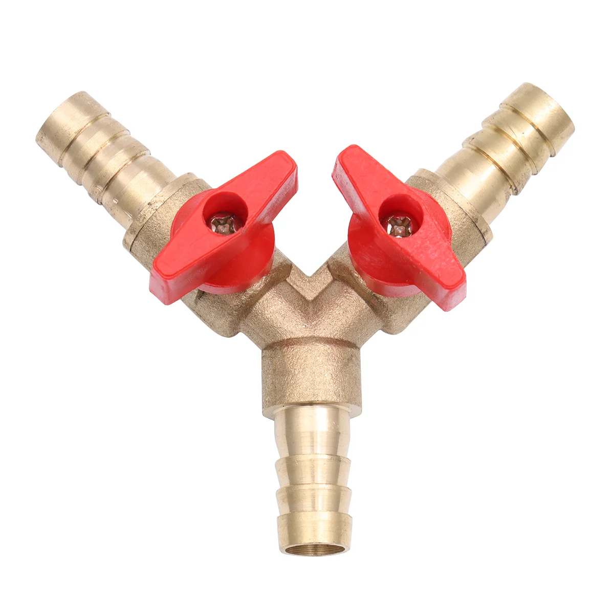 Y Shape Three-way Gas Pipe Distribution Switch Shut Off Ball Fitting Hose Barb Fuel Gas Clamp Tee (Copper 10mm Golden Red)