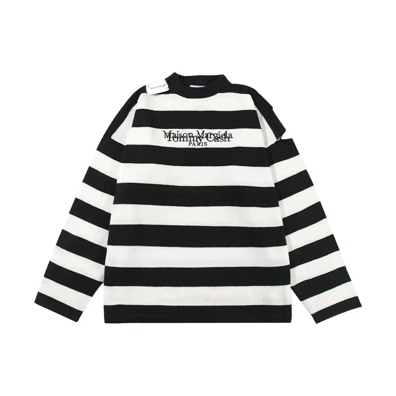 

Maison Margiela Sweaters Men and Women 22SS New MM6 Women's Oversized Striped Edition Ripped Knitted Sweater Harajuku Pullover
