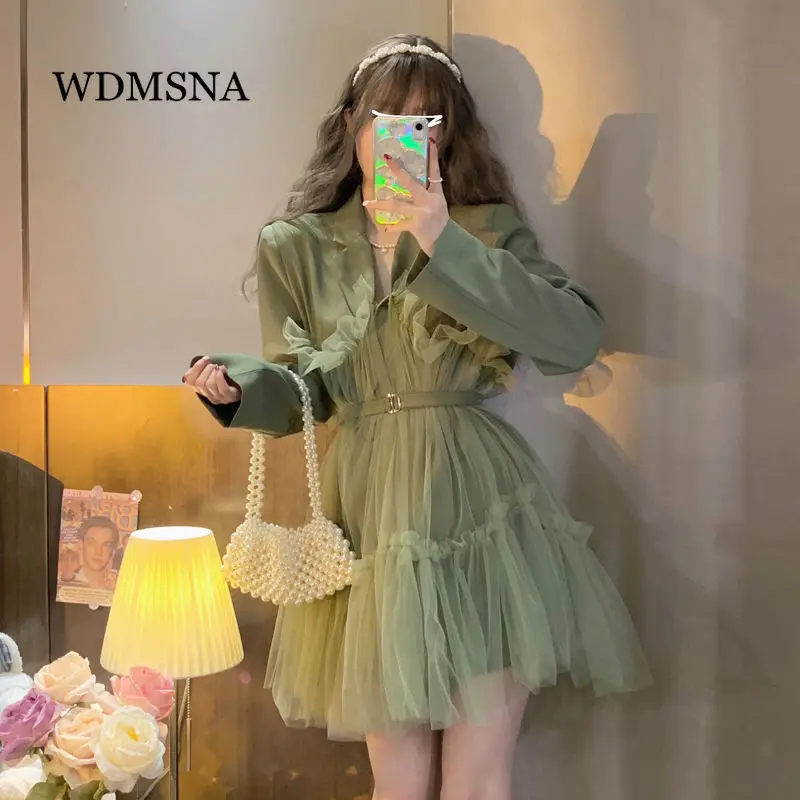 

WDMSNA Korean Fashion Lapel Long Sleeve Dress for Women Autumn 2022 New Slim Waist Vestidos Stitching Mesh Large Swing Robe