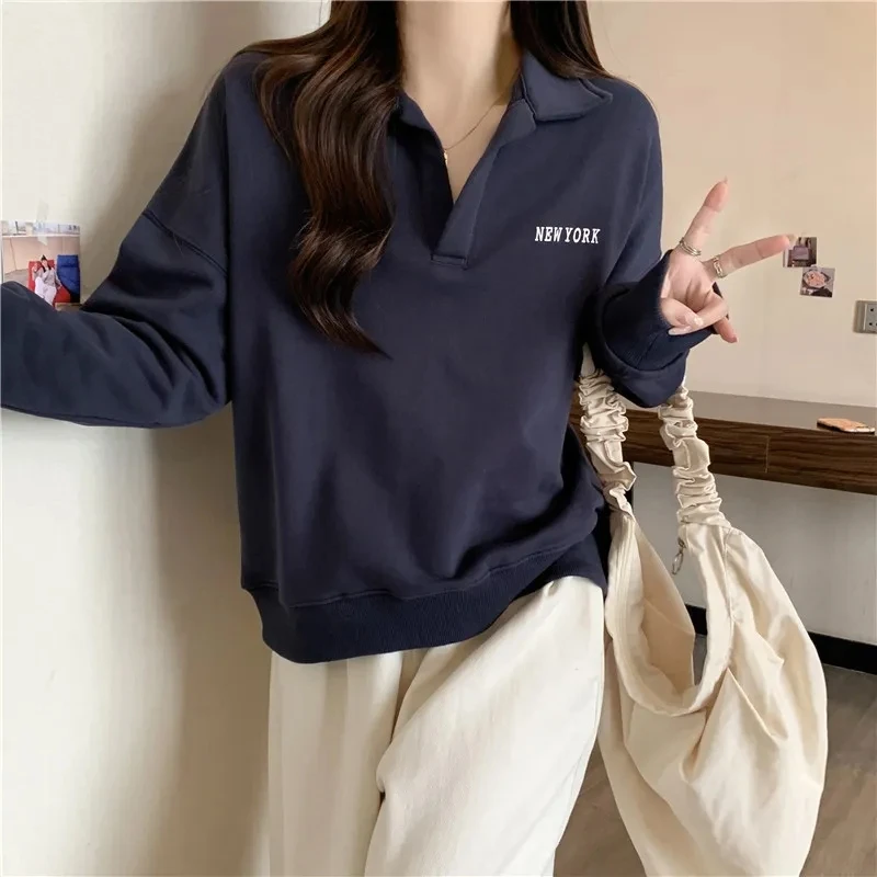 

Yasuk Autumn Winter Fashion Casual Polo Lapel Pullover Women's LooseTees All-Match Simple Preppy Style School Student Sporty