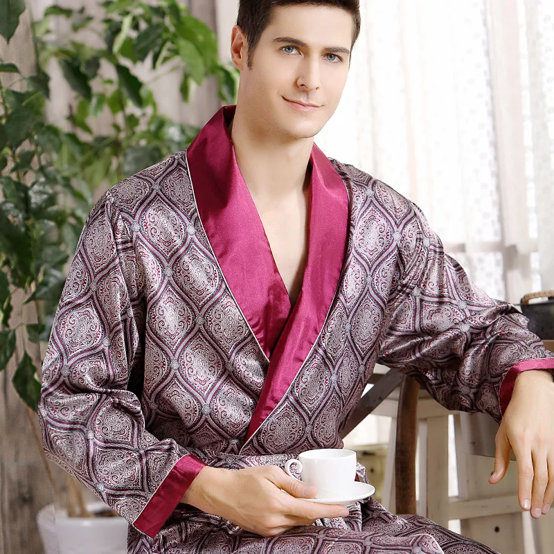 Large Home Silk Robe for Men Kimono Bathrobe Soft Cozy Long-sleeved Bath Gown Printed Geometric Robes Satin Sleepwear Nightgown