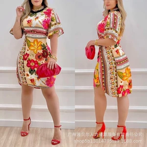 Womens Dress Summer Fashion Printed Slim High Waist Dress Womens Sexy Short Sleeve Sleeve Split Dress