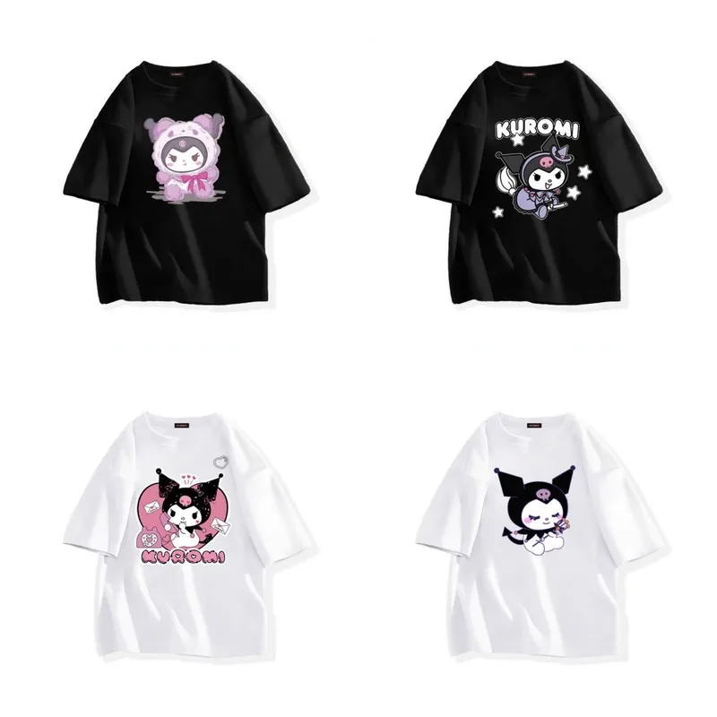 

Sanrio аниме периферийная однотонная летняя модная аниме футболка для взрослых с героями мультфильмов Kulomi черно-белая простая с коротким рукавом