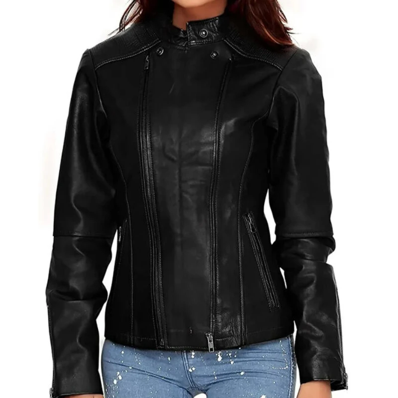 Genuine Leather Jacket for Women Slim Fit Crop Coat Moto Biker Jacket Fashion Real Leather Coat
