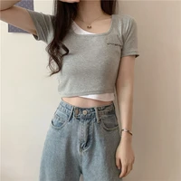 yasuk summer fashion womens casual t shirts pullover solid slim top fake two piece suit all match sexy tess