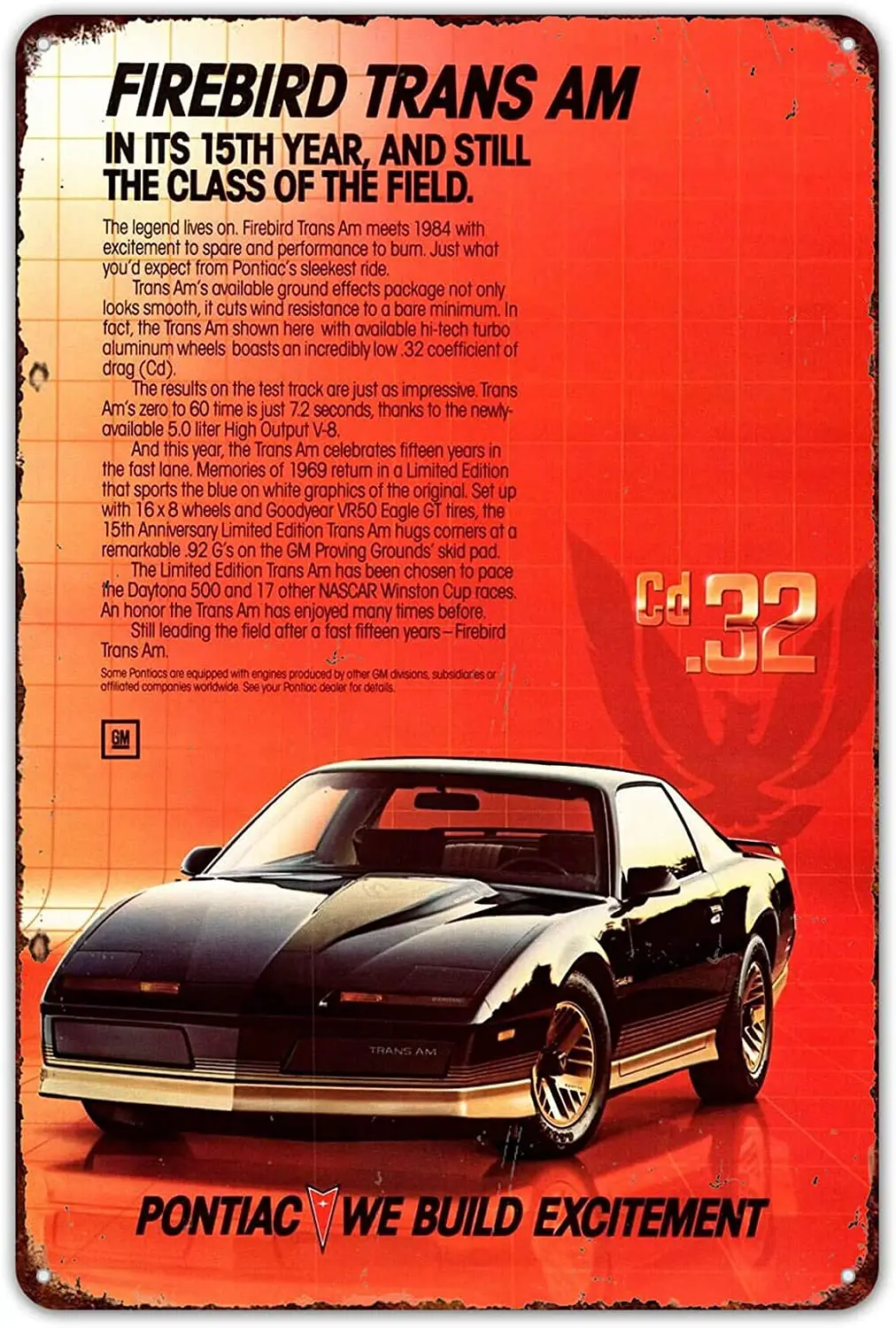 Sarcarse 1984 Pontiac Firebird Trans Am Винтажный стиль для кафе комнаты дома паба магазина ранчо жестяной знак Ретро Настенный декор металлические знаки