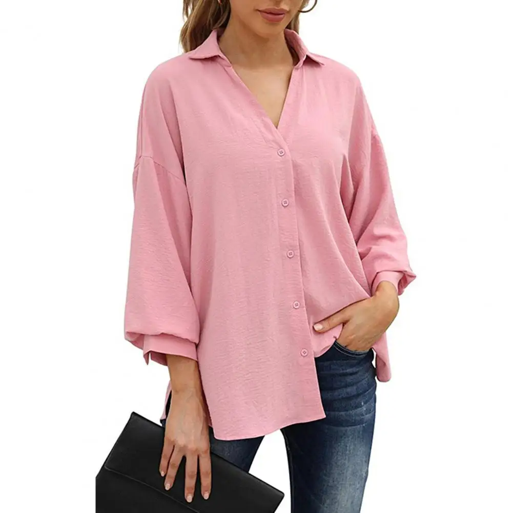 

Autumn Women Shirt Turn-down Collar Single-breasted 3/4 Lantern Sleeve Solid Color Chiffon Casual Work Blouse Streetwear Tops