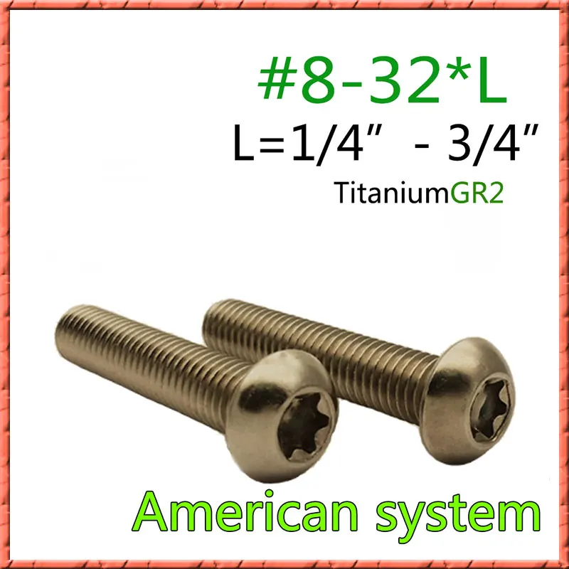 

50 шт./лот American system #8-32*1/4 дюймов ~ 3/4 дюйма GR2 круглая цилиндрическая головка из чистого титана, шестиконечные винты, пуговицы, полуголовки, вин...