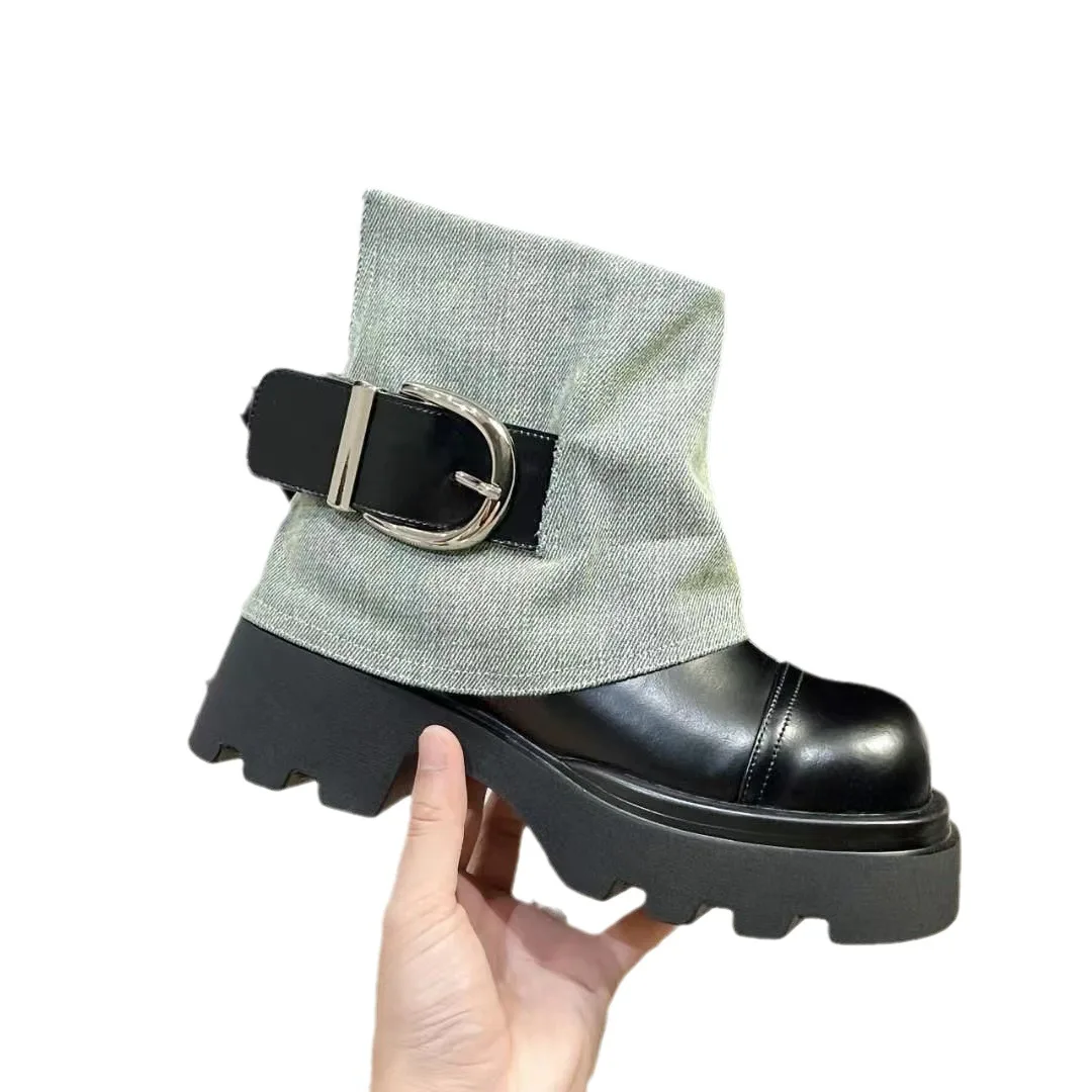 

Short Thick Sole Height-Increasing Martain Boots Women's 2023 Autumn New Design Sense Denim Pants Boots Fashion Short Boots