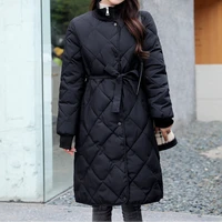 womens parkas thick cotton padded outerwear casual coats 2021 winter solid long jacket female stand collar overcoat with sashes