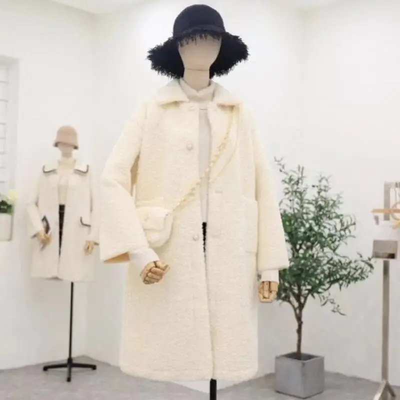 2023 ladies [Free bag] casual plush jacketpure color loose casual mid-length ladies double-breasted notch female jacket